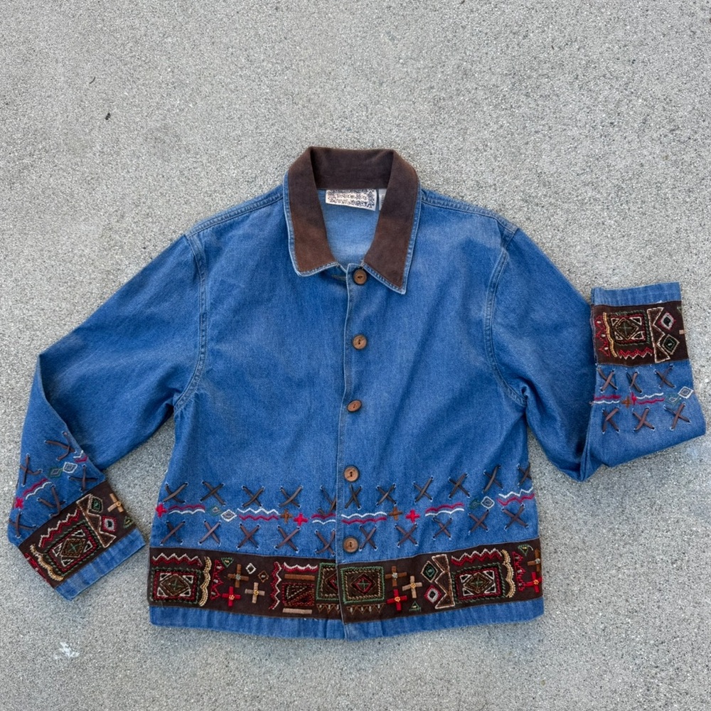 Tantrum Blues Vintage Denim Jacket Sz small autumn teachers leather cotton blend